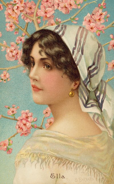 Portræt af en kvinde med et træ i blomst (farve litho) af Giovanni Barbaro