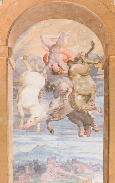 Solens Vogn drevet af Apollo, der dykker mod Jorden, Apollo Loggias østlige mur, ca. 1560 (fresco) af Giovanni Battista and Cambiaso Luca Castello