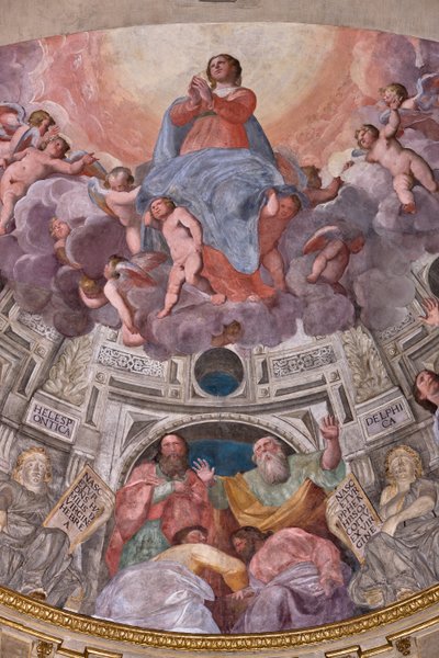 Genova, Duomo (St. Lawrence Cathedral), indvendigt, Lercari-kapellet eller Det Hellige Sakraments kapel (nordlige apsis), apsis: "Jomfruens himmelfart", fresko af Giovanni Battista Castello kendt som Bergamasco af Giovanni Battista Castello