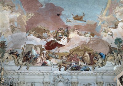 Apotheose af biskop Carl Philipp von Greiffenklau og den europæiske del af loftsfresken ... (freske) af Giovanni Battista (1696-1770) Tiepolo