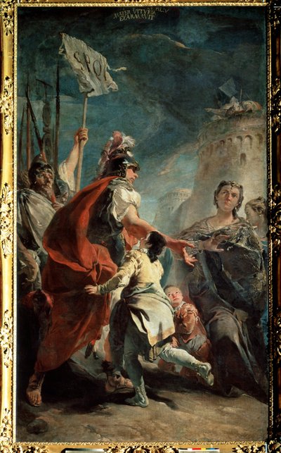 Coriolanus (Caius Marcius Coriolanus) før Roms porte (Coriolanus før Roms porte). Maleri af Giambattista Tiepolo (1696-1770). Olie på lærred, 387 x 224 cm, omkring 1730. Venetiansk skole, italiensk barokkunst. Eremitagemuseet, St. P af Giovanni Battista Tiepolo