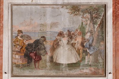 Guest Lodgings, the Room of the Carnival Scenes: "Pantalone and Columbina", en scene med masker af Giovanni-Battista Tiepolo