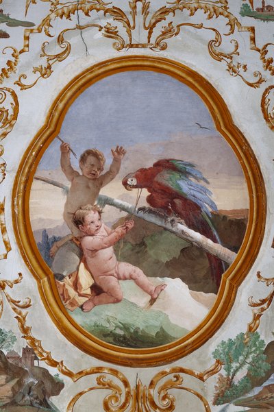 Gæstelogi, Puttis værelse, medaljon med putti: "To putti og en papegøje" af Giovanni Battista Tiepolo