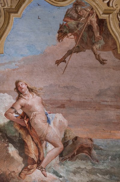 Palazzina (lille bygning): andet rum eller rum i Ariosto med fresker, der repræsenterer episoder fra "Orlando Furioso": "Ruggiero redder Angelica fra havuhyret" af Giovanni Battista Tiepolo