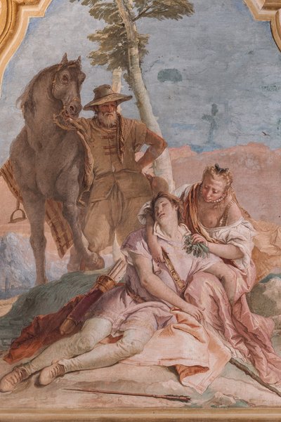 Palazzina (lille bygning): andet rum eller rum i Ariosto med fresker, der repræsenterer episoder fra "Orlando Furioso": "Angelica tager sig af Medoros sår" af Giovanni Battista Tiepolo
