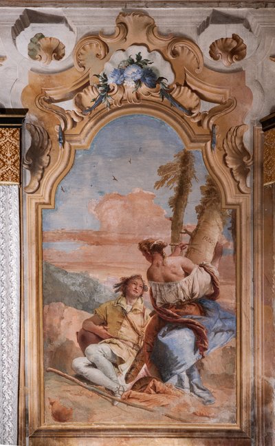 Palazzina (lille bygning): andet rum eller rum i Ariosto med fresker, der repræsenterer episoder fra "Orlando Furioso": "Angelica og Medoro graverer deres navne på barken af planter" af Giovanni Battista Tiepolo