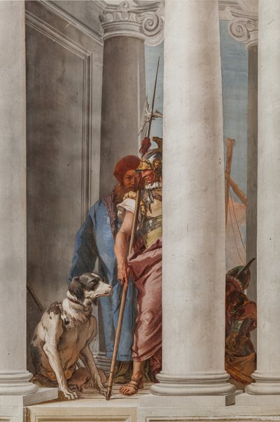 Palazzina (lille bygning), indgangshallen: "Den græske flåde i Aulide", detalje, der repræsenterer en hund og en soldat af Giovanni Battista Tiepolo