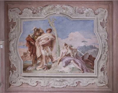 Palazzina (lille bygning): udsigt over det fjerde rum eller af Torquato Tasso, med freescoes, der repræsenterer episoder af "Jerusalem Delivered": "Rinaldo, eskorteret af Ubaldo og Carlo, forlader Armida" af Giovanni Battista Tiepolo