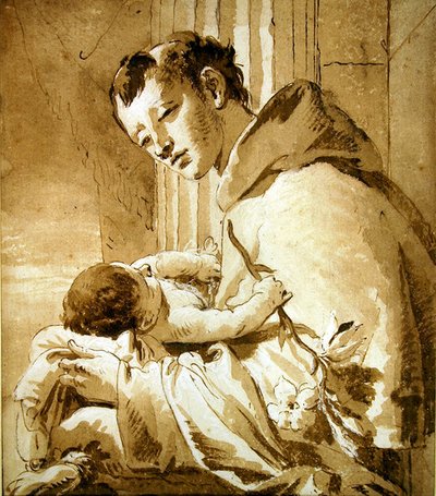 Sankt Antonius holder Kristusbarnet (pen, brun blæk og vask) af Giovanni Battista Tiepolo