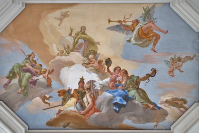 Triumph of Glory annonceret af Fame, der står blandt kardinaldyderne af Giovanni Battista Tiepolo
