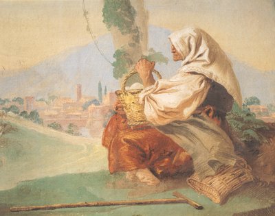 Landskabet har bonden En gammel mand sidder, hans hoved er dækket af en blodig mand, der skjuler hans ansigt af Giovanni Battista Tiepolo