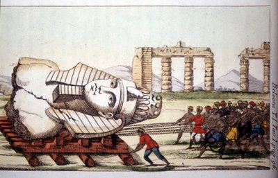 Transport af busten af Memnon på Nilens bred af Belzoni. Giovanni Battista (Gianbattista) Belzoni (1778-1823), italiensk opdagelsesrejsende og arkæolog, har gjort vigtige arkæologiske opdagelser i Egypten. Gravering - i "" Viaggio i Egitto e af Giovanni Battista (after) Belzoni