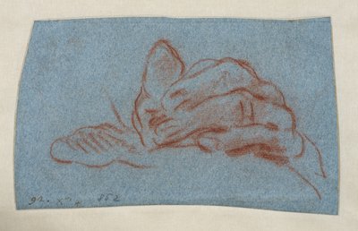 Studie af en venstre hånd, ca. 1750-1754 (rødt kridt med stump på blåt papir) af Giovanni Battista (attr. to) Tiepolo