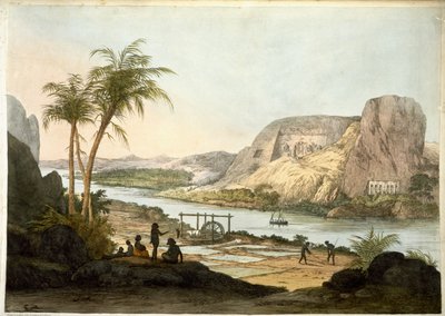 Udvendigt billede af de to templer i Abu Simbel, fra plader illustrerende for forskerne i Egypten og Nubien, offentliggjort 1822 af Giovanni Battista Belzoni