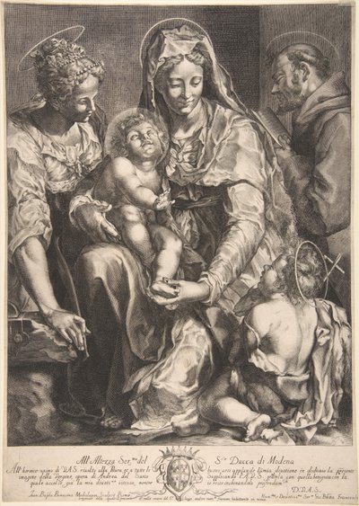 Jomfru og barn med den hellige Katarina, Frans af Assisi og Johannes Døberen, midten af det 17. århundrede. af Giovanni Battista Bonacina