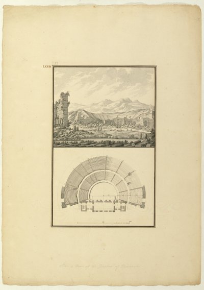 Udsigt og plan for Theatre of Hierapolis (nu Pamukkale), ca. 1750 (pen & blæk og vask på papir) af Giovanni Battista Borra