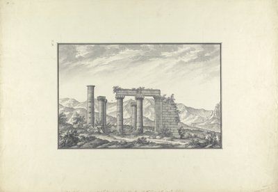 Udsigt over ruinerne af et ionisk tempel ved Sardis, sandsynligvis Neptuntemplet, ca. 1750 (grå vask, pen & blæk og blyant på papir) af Giovanni Battista Borra