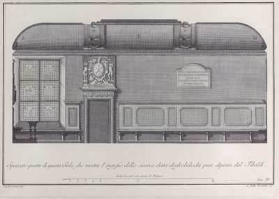 Plade 4: Tværsnit af Hallen af Instituttet i Bologna, med indgangen til r..., 1756. af Giovanni Battista Brostoloni