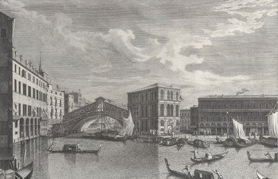 Rialtobroen, Venedig, med både og gondoler i vandet, 1763. af Giovanni Battista Brostoloni