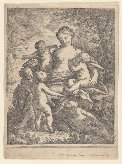 Charity, siddende i et landskab omgivet af fem nøgne børn, 1692-1727. af Giovanni Battista Catenaro