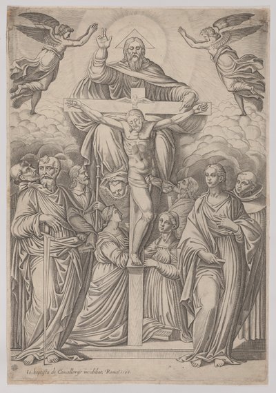 Treenigheden, med korsfæstelsen i centrum og helgener til begge sider, 1586. af Giovanni Battista Cavalieri