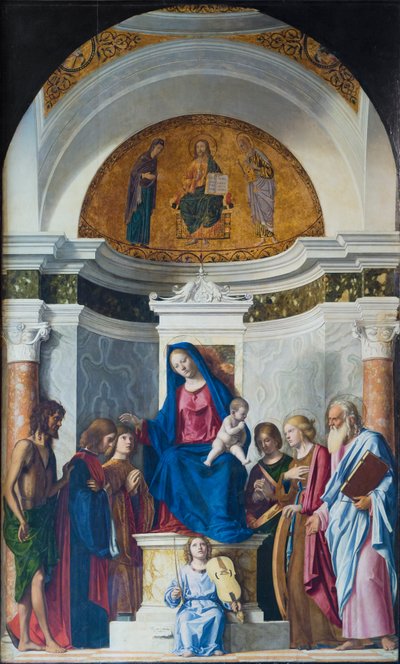 Entroniseret Madonna med barn og Johannes Døberen, Sankt Cosmas og Sankt Damian, ca. 1507 (olie på træ) af Giovanni Battista Cima da Conegliano