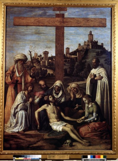 ""Aflejringen"" Inskription ""INRI"" på korset. Maleri af Giovanni Battista Cima da Conegliano (omkring 1459-1517) 1500-tallet Dim. 199x148 cm Pushkin Museum, Moskva af Giovanni Battista Cima da Conegliano