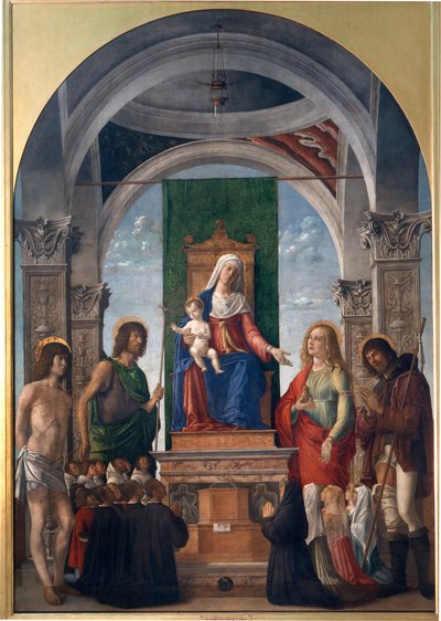 Madonna og barn på tronen med St. Sebastian, St. Johannes Døberen, St. Mary Magdalene, St. Roch og medlemmer af San Giovanni Evangelistas broderskab af Giovanni Battista Cima da Conegliano