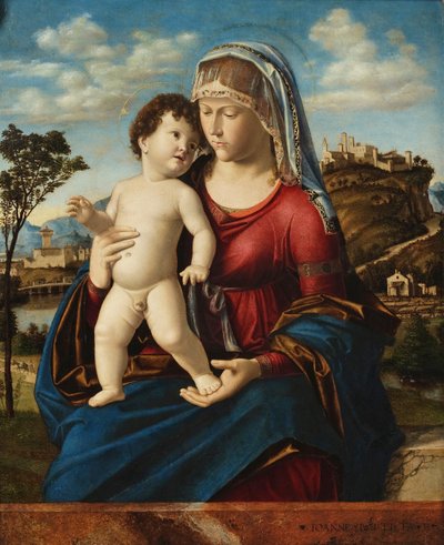 Madonna og barn i et landskab af Giovanni Battista Cima da Conegliano