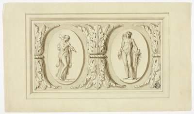 To medaljoner med stående figurer af Omphale og Bacchus, adskilt af et design af akantusblade af Giovanni Battista Cipriani