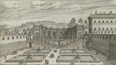 Et andet perspektivbillede af Teatro et Giardino Contigvo i Mondragone i Fras ..., 1691 eller senere. af Giovanni Battista Falda