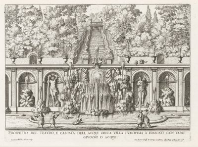 Cascade en Teatro delle Acque i de tuinen fra Villa Torlonia te Frascati Prospekt for teater- og vandkaskaden i Villa Ludovisia (...) (titel på objektet) Frascati-villaernes springvand (serietitel) Fonteinen van Frascati (serietitel) af Giovanni Battista Falda