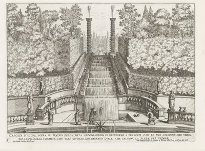Cascade in the gardenen van de Villa Aldobrandini te Frascati Vandfald over teatret i Villa Aldobrandina di Belvedere i Frascati (...) (titel på objektet) Frascati-villaernes springvand (serietitel) Fonteinen van Frascati (serietitel) af Giovanni Battista Falda