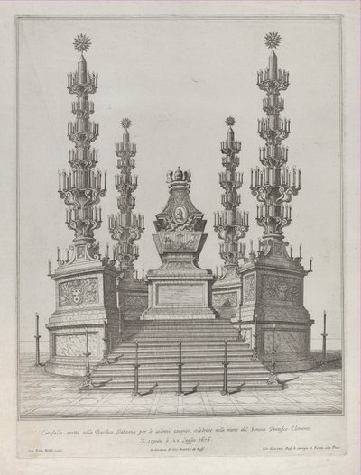 Katafalke for pave Clement X: en central struktur rejst på en 15-trins platform, med c..., 1676. af Giovanni Battista Falda