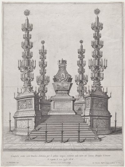 Katafalke for pave Clement X, central struktur på toppen af en femtentrins platform, med..., 1676. af Giovanni Battista Falda