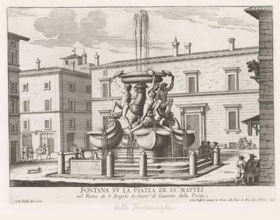 Skildpaddernes springvand på Piazza Mattei te Rom Springvand på Piazza de ss.ri Mattei (titel på objekt) Fontæner i Rom (serietitel) Fonteinen van Rome (serietitel) af Giovanni Battista Falda