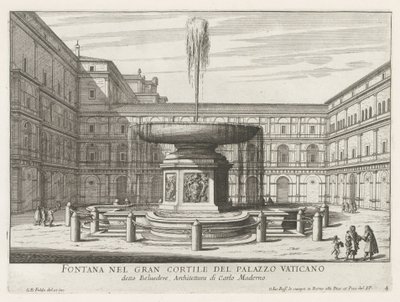 Fontein i de Cortile del Belvedere i Vatikanet Springvand i den store gårdhave til Vatikanpaladset (titel på objektet) Fontæner i Rom (serietitel) Fonteinen van Rome (serietitel) af Giovanni Battista Falda