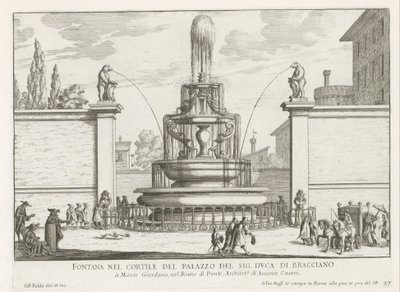 Fontein in the binnenplaats af Palazzo Taverna te Rom Springvand i gården til Mr. hertug af Bracciano (titel på objekt) Fontæner i Rom (serietitel) Fonteinen van Rome (serietitel) af Giovanni Battista Falda