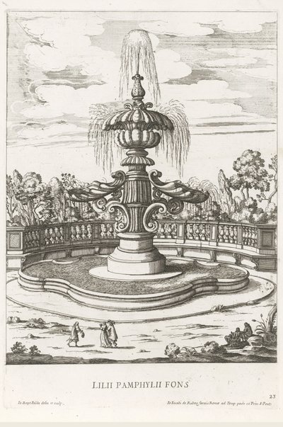 Springvand i haverne ved Villa Doria Pamphilj i Rom Lilii Pamphylii fons (titel på objekt) Le fontane ne palazzi e ne giardini di Roma (serietitel) Springvand i Roms paladser og haver (serietitel) af Giovanni Battista Falda