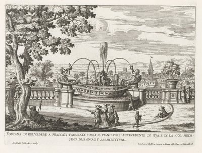 Fontein in de tuinen af ​​Villa Aldobrandini te Frascati Belvedere-fontænen i Frascati, bygget over gulvet i forgængeren på denne side (...) (titel på objektet) Frascati-villaernes springvand (serietitel) Fonteinen van Frascati (serietitel) af Giovanni Battista Falda