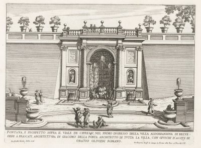 Fontein in de tuinen af ​​Villa Aldobrandini te Frascati Springvand og forhøjning over cypres alléen (...) (titel på objektet) Frascati-villaernes springvand (serietitel) Fonteinen van Frascati (serietitel) af Giovanni Battista Falda