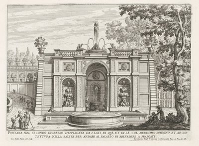 Fontein in de tuinen af ​​Villa Aldobrandini te Frascati Springvand i anden indgang fordoblet fra siderne (...) (titel på objekt) Frascati-villaernes springvand (serietitel) Fonteinen van Frascati (serietitel) af Giovanni Battista Falda