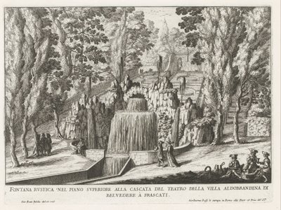 Fontein in de tuinen af ​​Villa Aldobrandini te Frascati Rustik springvand på øverste etage ved teatrets vandfald (...) (titel på objektet) Frascati-villaernes springvand (serietitel) Fonteinen van Frascati (serietitel) af Giovanni Battista Falda