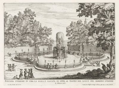 Fontein in de tuinen af ​​de Villa Torlonia te Frascati Øverste springvand på toppen af ​​trappen og vandfaldet over teatret (...) (titel på objektet) Frascati-villaernes springvand (serietitel) Fonteinen van Frascati (serietitel) af Giovanni Battista Falda