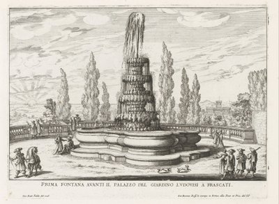 Fontein in de tuinen af ​​de Villa Torlonia te Frascati Første springvand foran Palazzo del Giardino Ludovisi i Frascati (titel på objektet) Frascati-villaernes springvand (serietitel) Fonteinen van Frascati (serietitel) af Giovanni Battista Falda