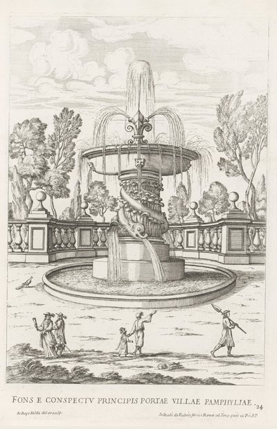 Fontein mødte dolfijnen i de tuinen af ​​Villa Doria Pamphilj te Rom Springvandet foran prinsens port til byen Pamfylien (titel på objektet) Le fontane ne palazzi e ne giardini di Roma (serietitel) Fonteinen in de paleizen en tuinen van Rome (serietitel af Giovanni Battista Falda