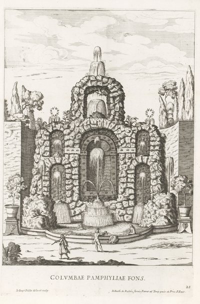 Springvand med duer i haverne ved Villa Doria Pamphilj i Rom Columbae Pamphyliae fons (titel på objekt) Le fontane ne palazzi e ne giardini di Roma (serietitel) Springvand i Roms paladser og haver (serietitel) af Giovanni Battista Falda