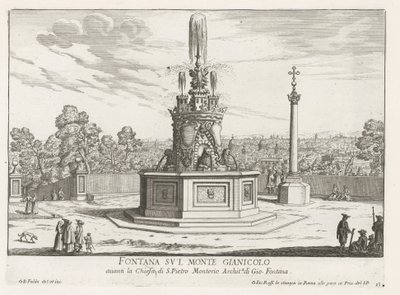 Fontein på Piazza San Pietro i Montorio op de Janiculumberg te Rom Springvand på Mount Gianicolo (titel på objekt) Fontæner i Rom (serietitel) Fonteinen van Rome (serietitel) af Giovanni Battista Falda