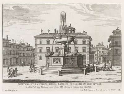 Fontein på Piazza Santa Maria in Trastevere Springvand på pladsen i Basilica of S. Maria in Trastevere (titel på objektet) Fountains of Rome (serietitel) Fonteinen van Rome (serietitel) af Giovanni Battista Falda
