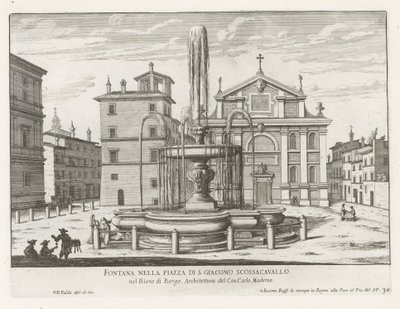 Fontein på Piazza Scossacavalli i Rom Springvand på Piazza di S. Giacomo Scossacavallo (titel på objekt) Fontæner i Rom (serietitel) Fonteinen van Rome (serietitel) af Giovanni Battista Falda